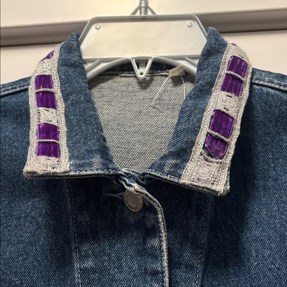 Upcycled Denim Embellished Handmade Jacket with Purple Accent Collar size M. - Picture 6 of 14